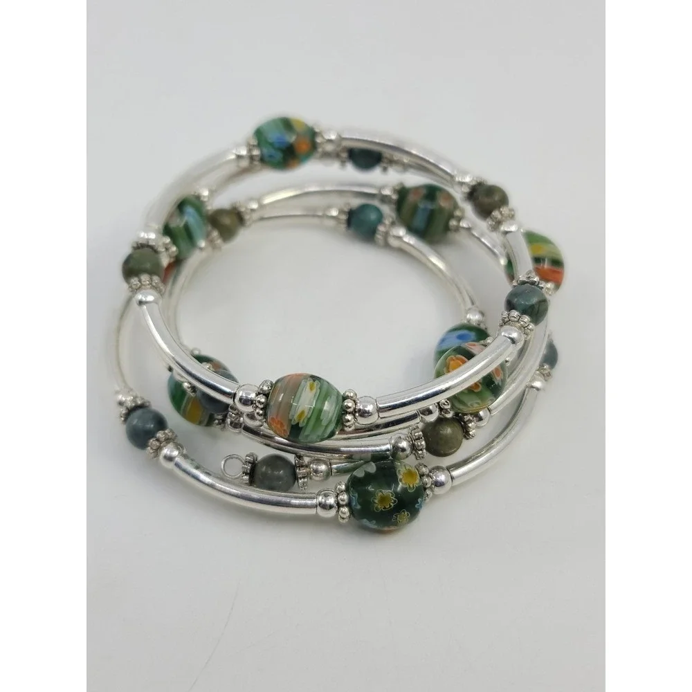 Silver Tone PaintedFloral Art Glass Bead Wrap Coil Bracelet Stone Accents